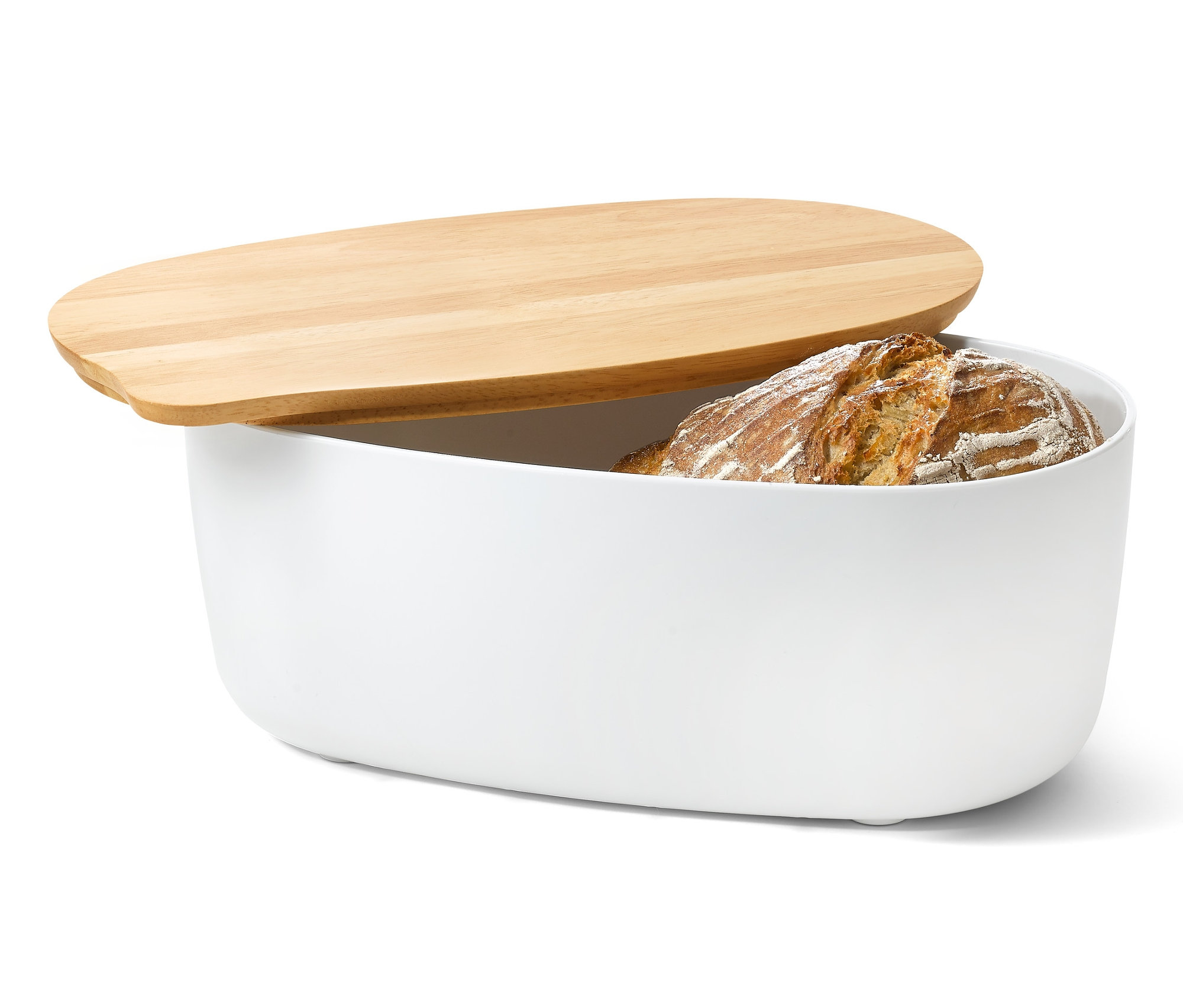 Brotkasten mit Schneidebrett, darin Brot.