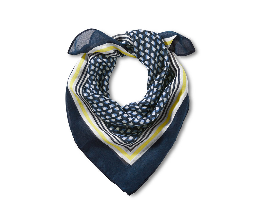 Blau-gelbes Bandana-Tuch mit geometrischem Muster.