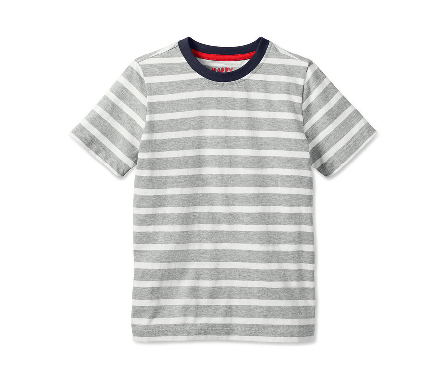 Gestreifter Jungen-Shorty-Pyjama mit kurzen Ärmeln und dunkelblauem Halsausschnitt.
