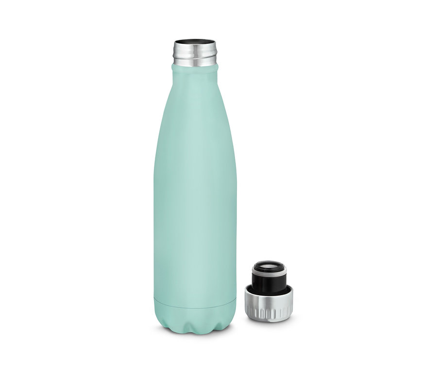 Eine mintgrüne Isolier-Trinkflasche mit offenem Deckel liegt daneben.