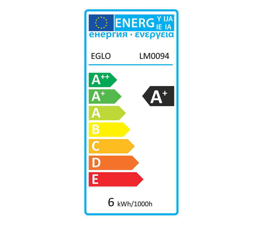 Energielabel mit A+ und 6 kWh/1000h.