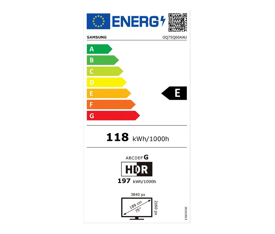 Energielabel eines Samsung Smart TVs mit Energieeffizienzklassen von A bis G.