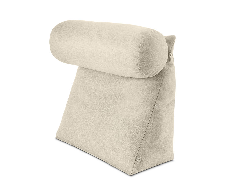Beiges Keilkissen mit zylindrischer Kopfstütze.