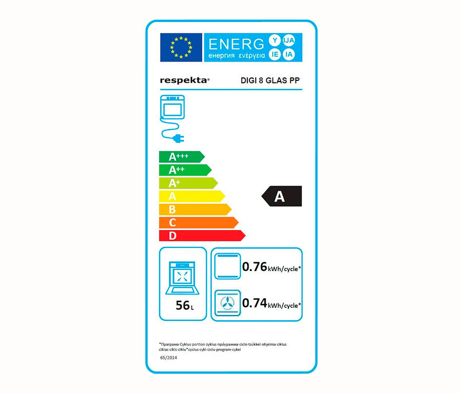 Energieetikett für den Respekta®-Backofen »DIGI8GLASPP« mit 56 Litern Volumen und der Klasse A.