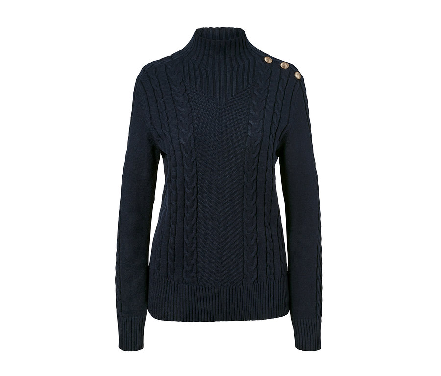 Blauer Strickpullover mit Knöpfen.
