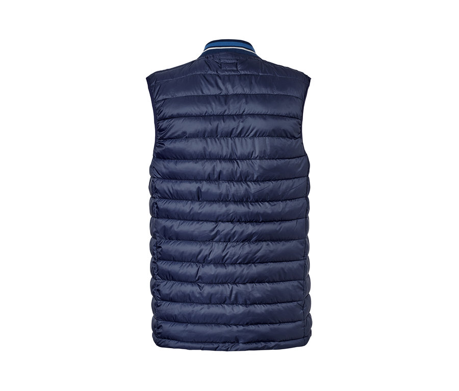 Detailansicht der Rückseite einer blauen Steppweste.