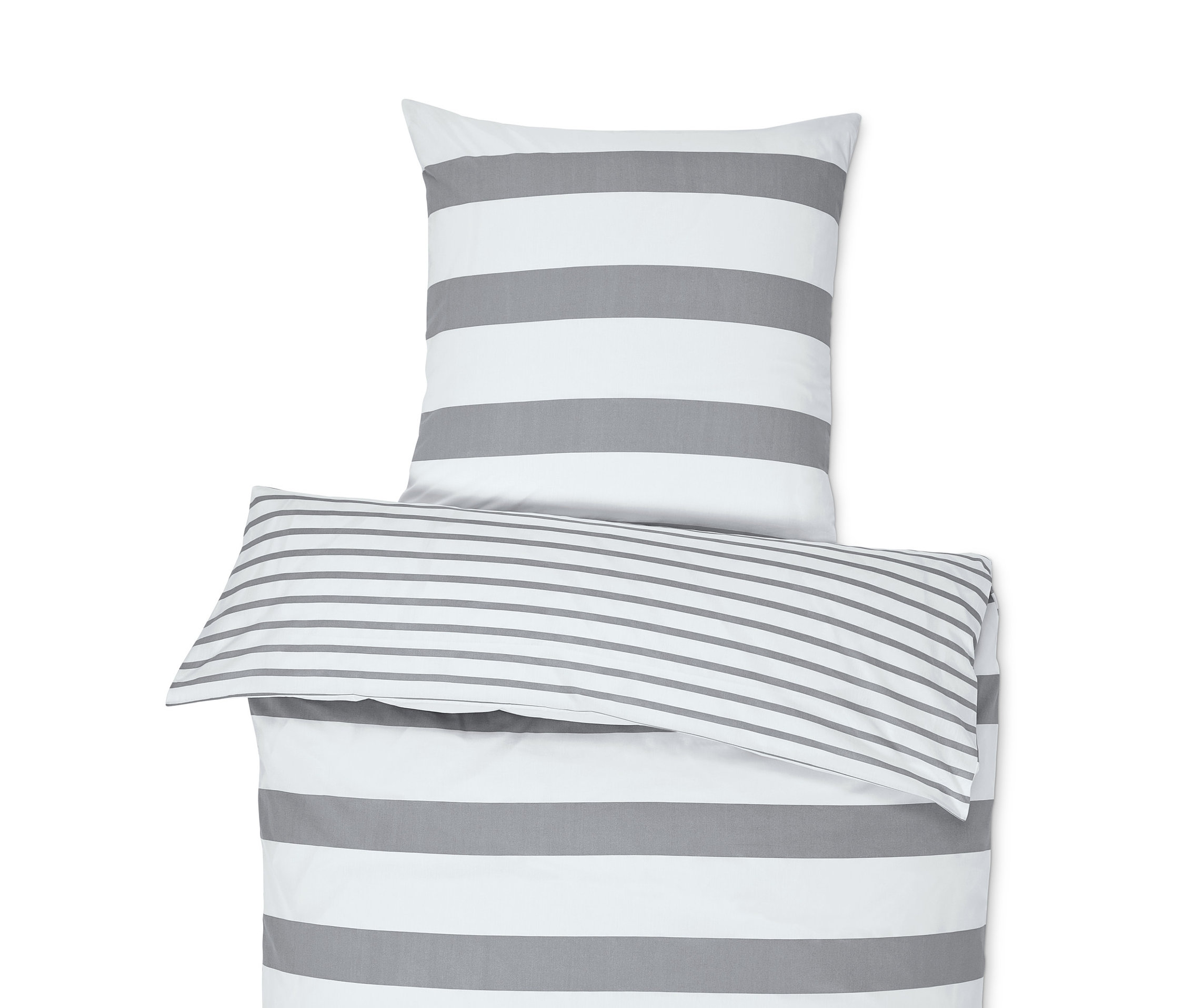 Grau-weiß gestreifte Perkal-Bettwäsche in Übergröße.