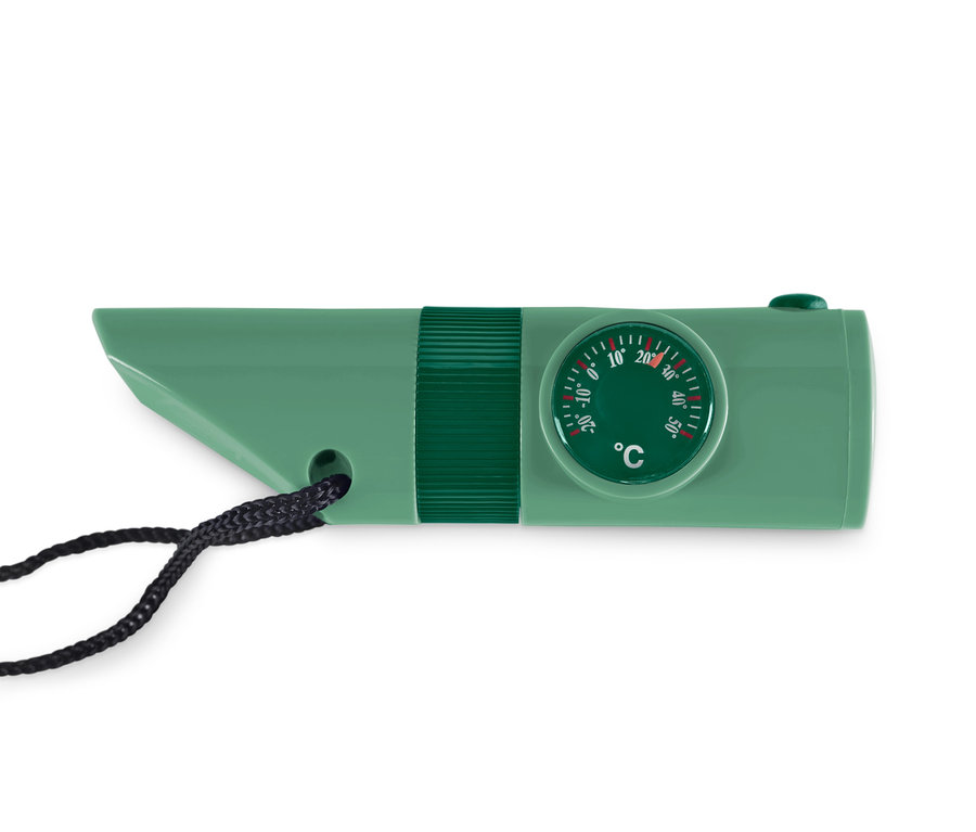 Ein kompaktes 7-in-1-Outdoor-Tool in Grün mit einer schwarzen Kordel.