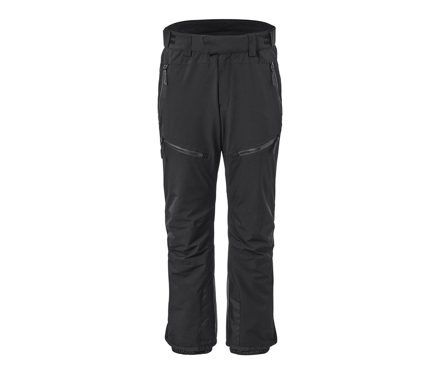 Eine schwarze High-Tech-Skihose auf weißem Hintergrund.