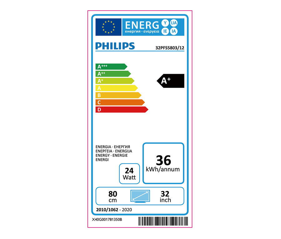 Energielabel für Philips Smart-TV 32 Zoll zeigt Klasse A+ und 36 kWh Jahresverbrauch.