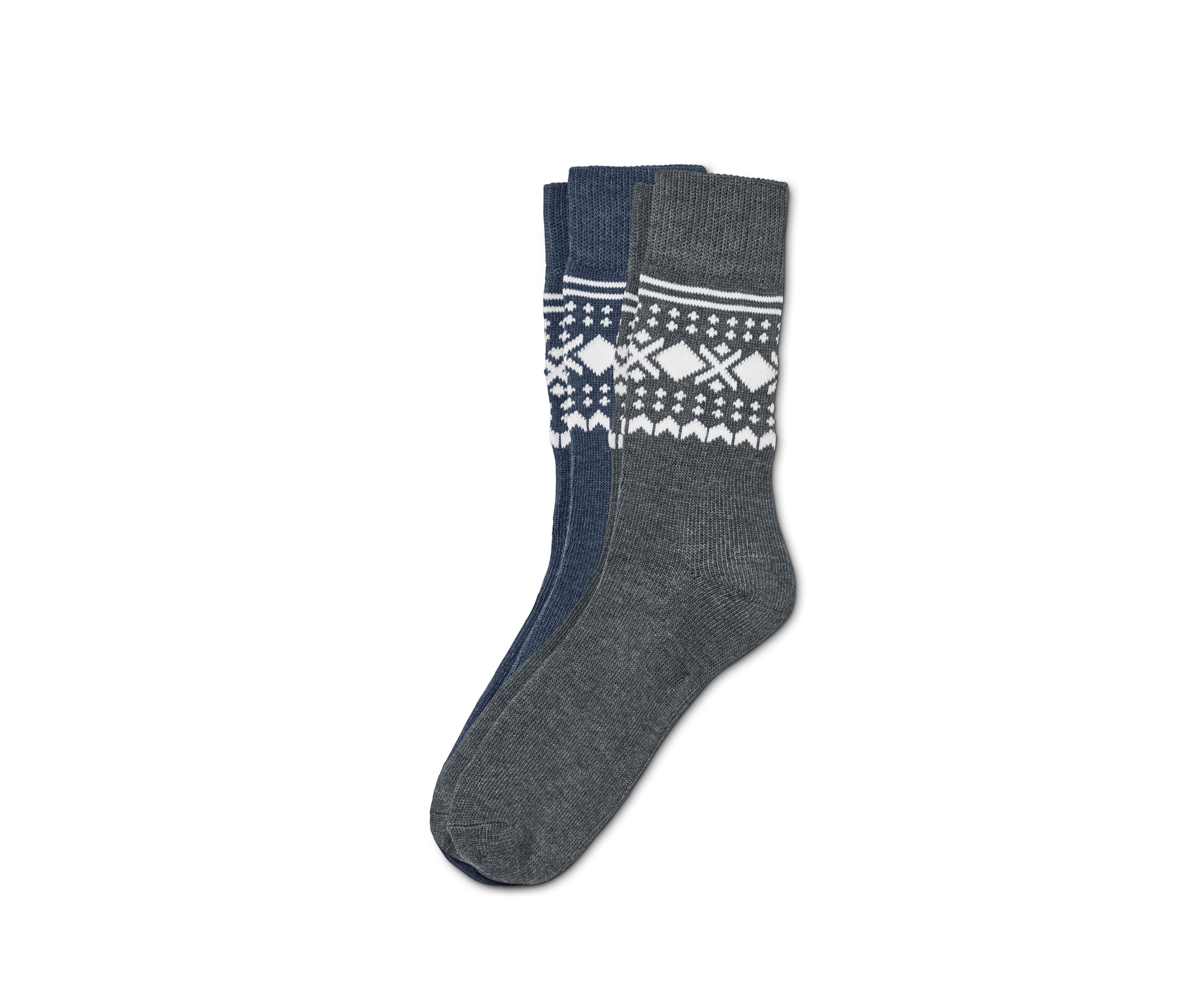 Zwei Paar Jacquard-Socken. Ein Paar ist blau mit weißem Muster, das andere grau mit weißem Muster.