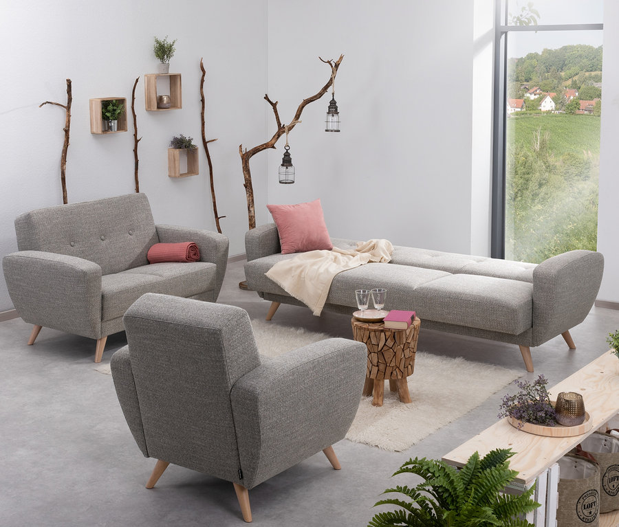 Wohnzimmer mit grau meliertem 3-Sitzer-Schlafsofa »Justus«, 2-Sitzer-Sofa und Sessel »Justus« von Max-Winzer®.