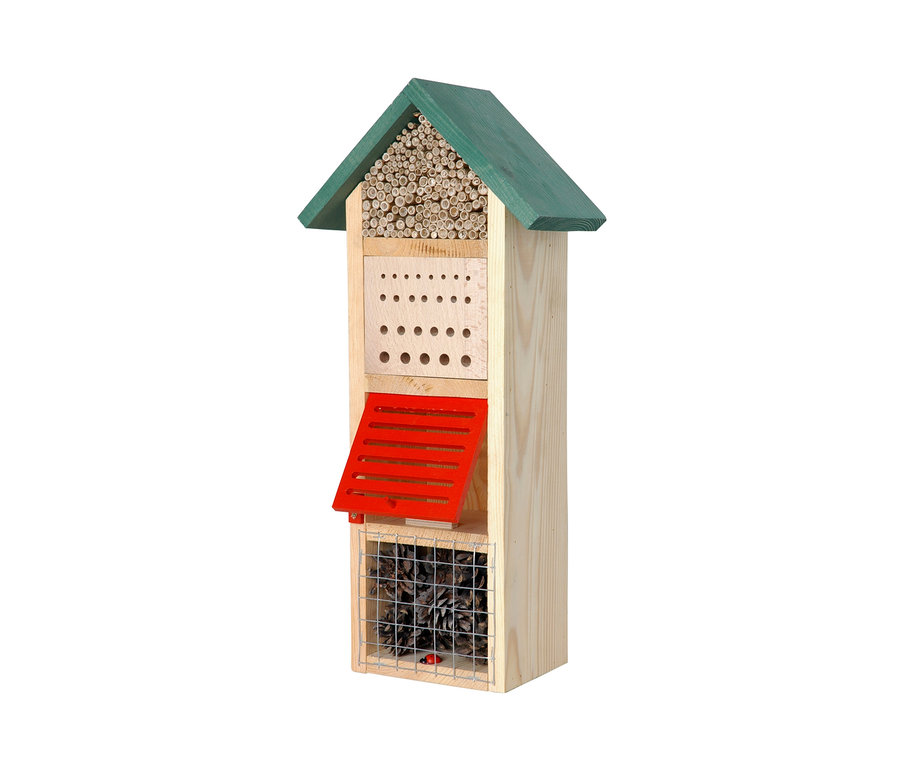 Dobar-XXL-Insektenhotel-Turm aus Holz mit hohlen Stängeln, Löchern und Zapfen.