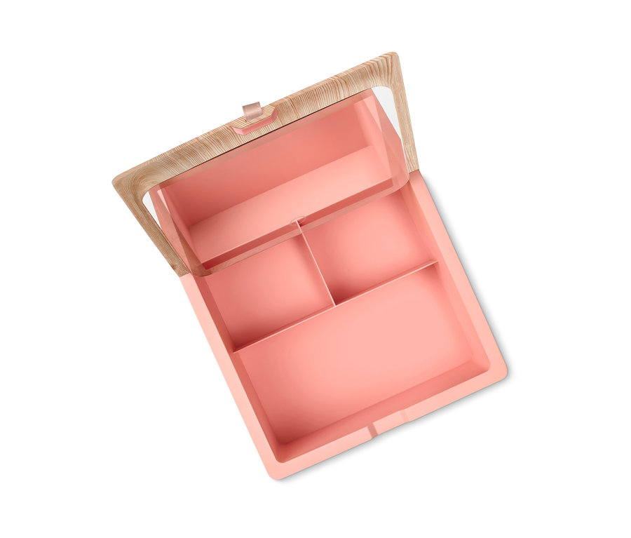 Geöffnete Aufbewahrungsbox mit LED-Spiegel, mit Holzrahmen und Inneneinteilung in drei Fächer.