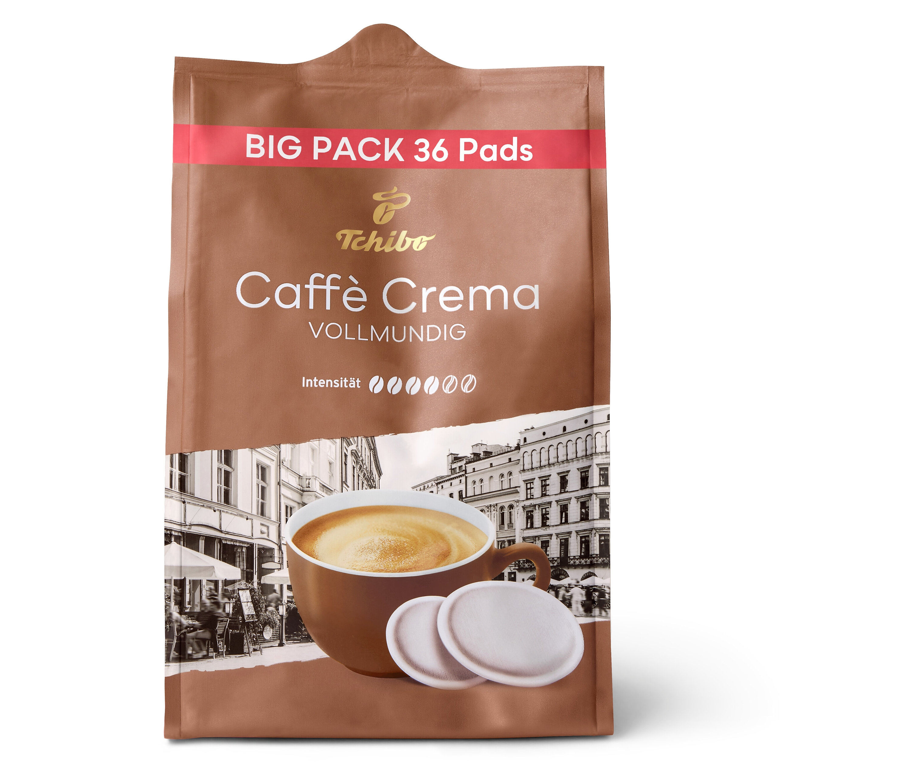 Braune Packung Caffè Crema Vollmundig - 36 Pads mit Abbildung einer Tasse Kaffee.