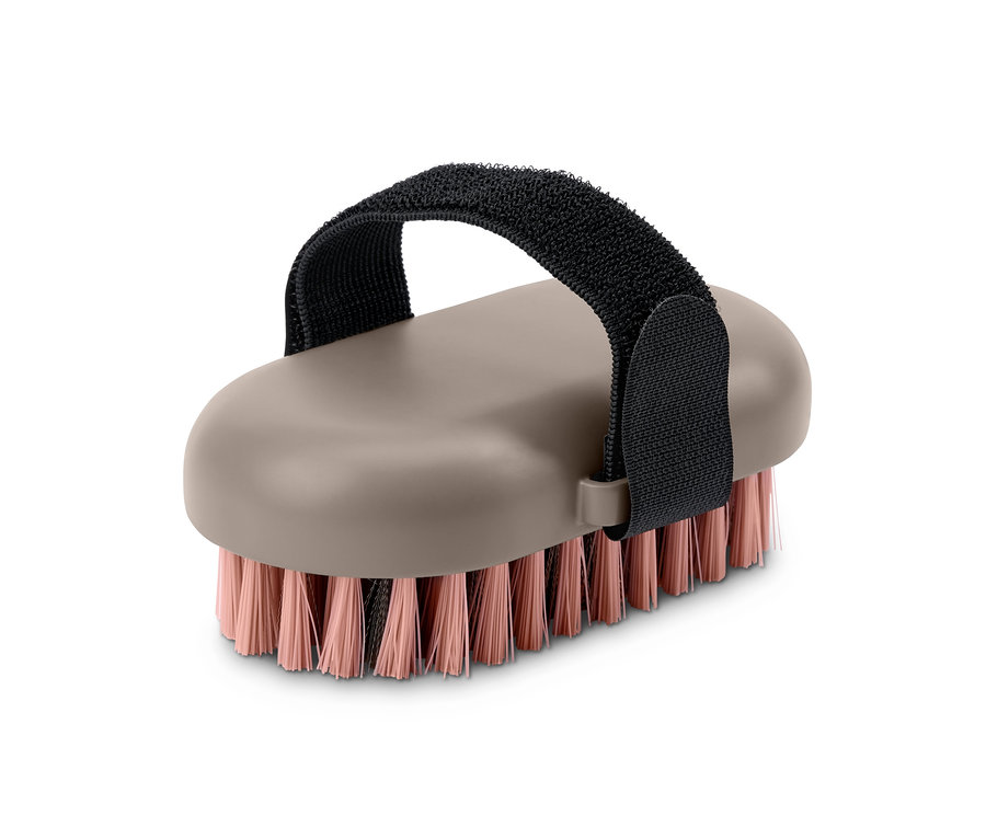 Tier-Kurzhaarstriegel mit braunem Griff und schwarzem Band.