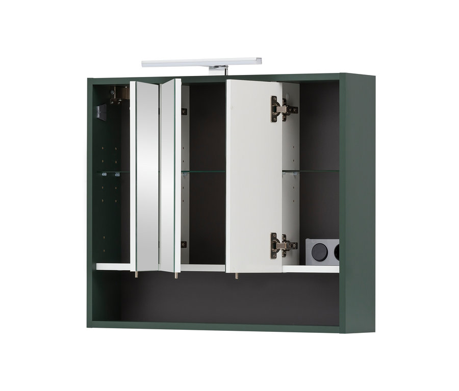 Grüner Spiegelschrank »Kent« mit teilweise geöffneten Spiegeltüren und inneren Glasböden.
