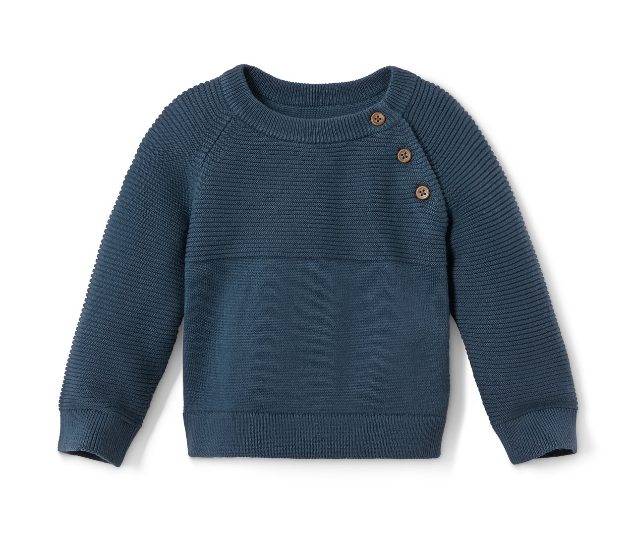 Blauer Strickset-Pullover mit Knöpfen.