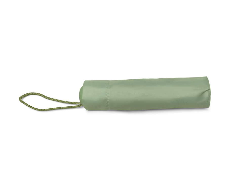 Ein hellgrüner, geschlossener Taschenschirm mit Kordel.
