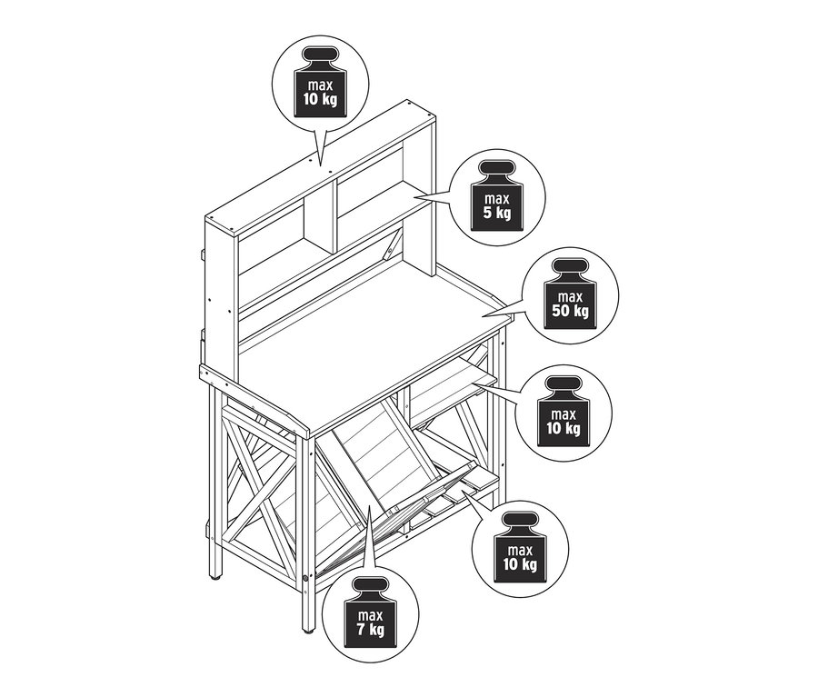 Illustration eines Pflanztischs »Jonte« mit Abfallbehälter und Regal.