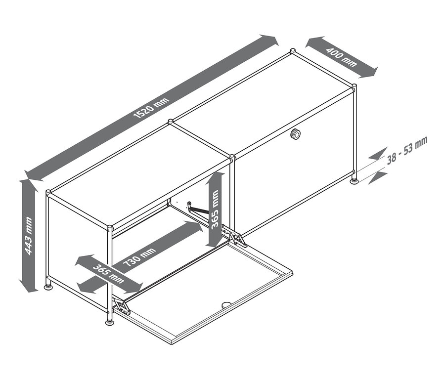 Das Diagramm zeigt ein Metall-Lowboard mit 2 Klappenfächern und den dazugehörigen Abmessungen.