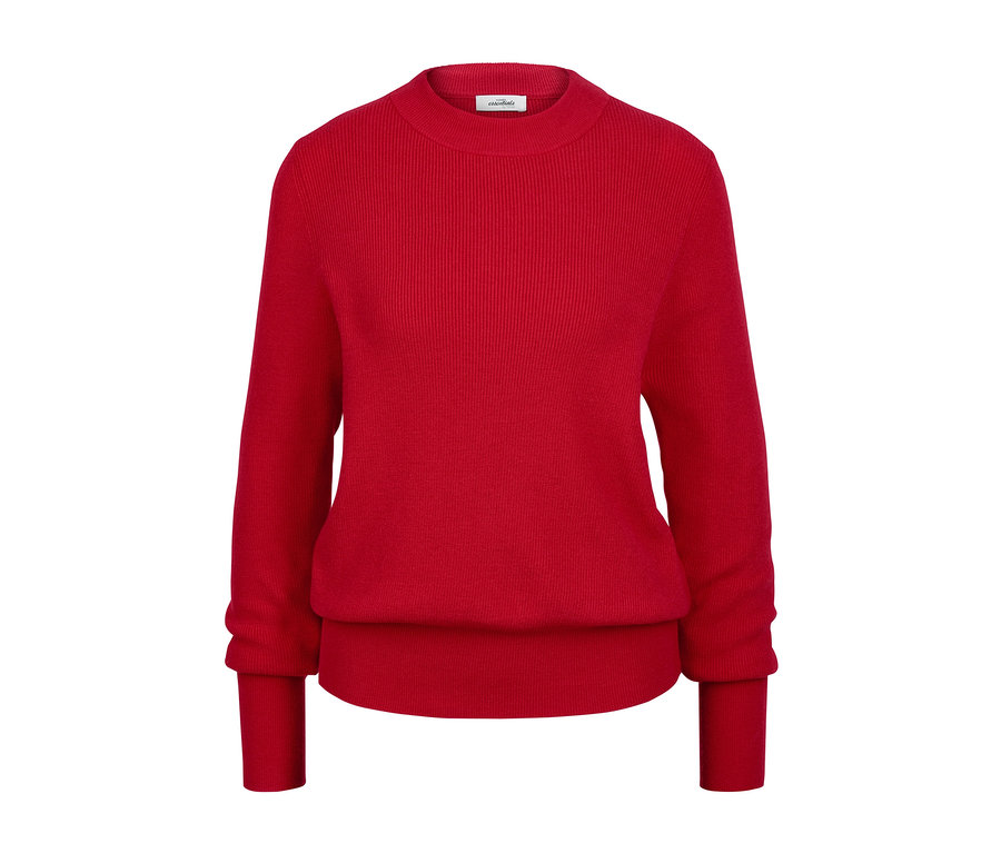 Roter Feinstrickpullover mit langen Ärmeln.