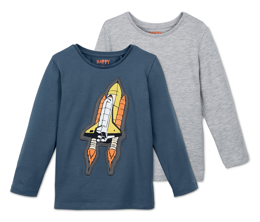 Zwei Langarmshirts, eines blau mit Rakete, eines grau.