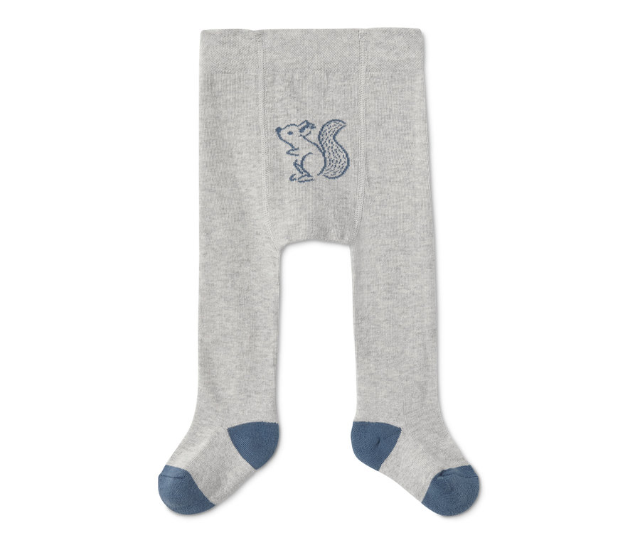 Eine graue Baumwollstrumpfhose mit blauem Saum und Eichhörnchen-Stickerei.