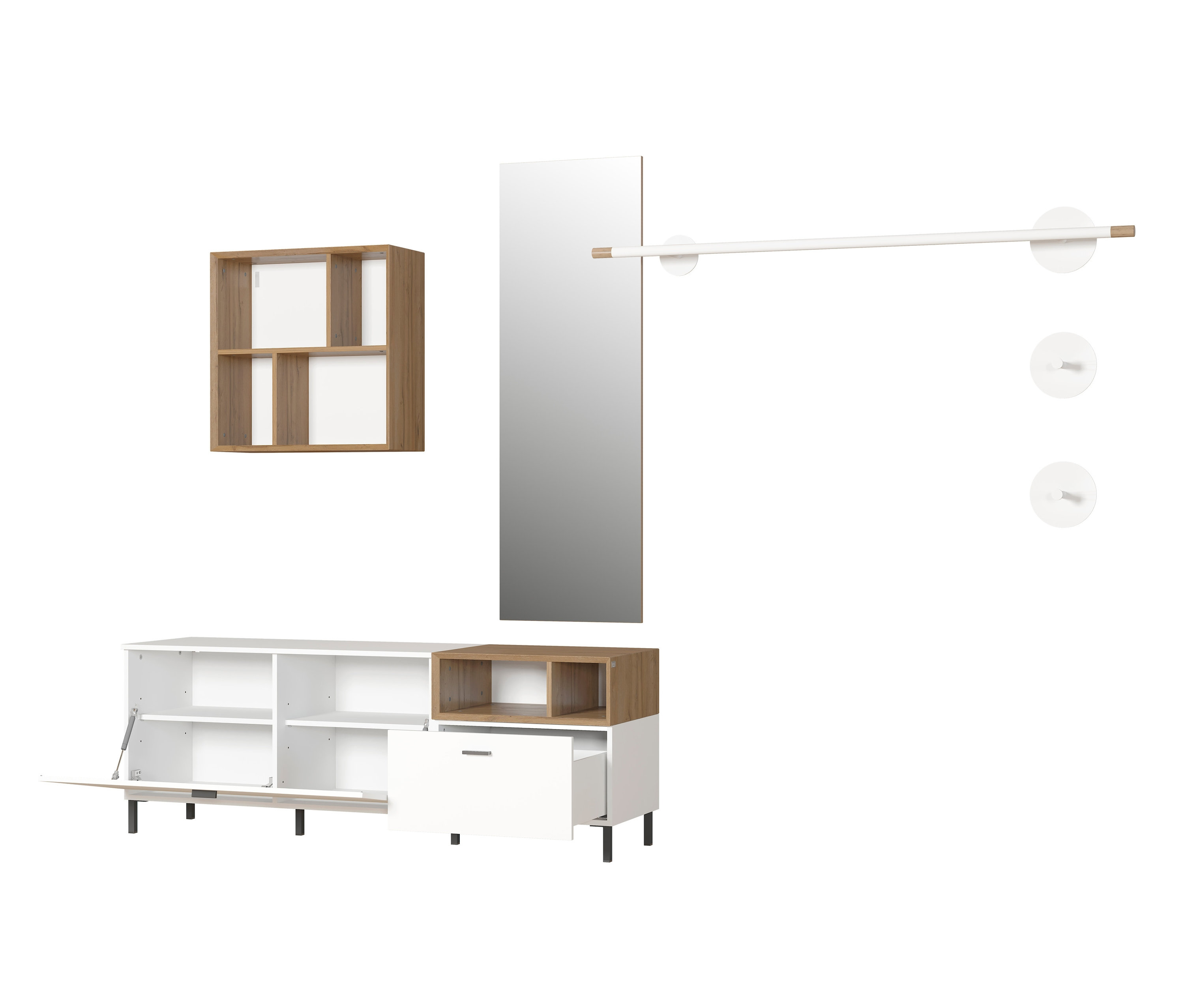 Eine Wandgarderobe und ein Spiegel. Im Vordergrund befindet sich eine Germania-Garderobe »Coruna« in Eiche-weiß.