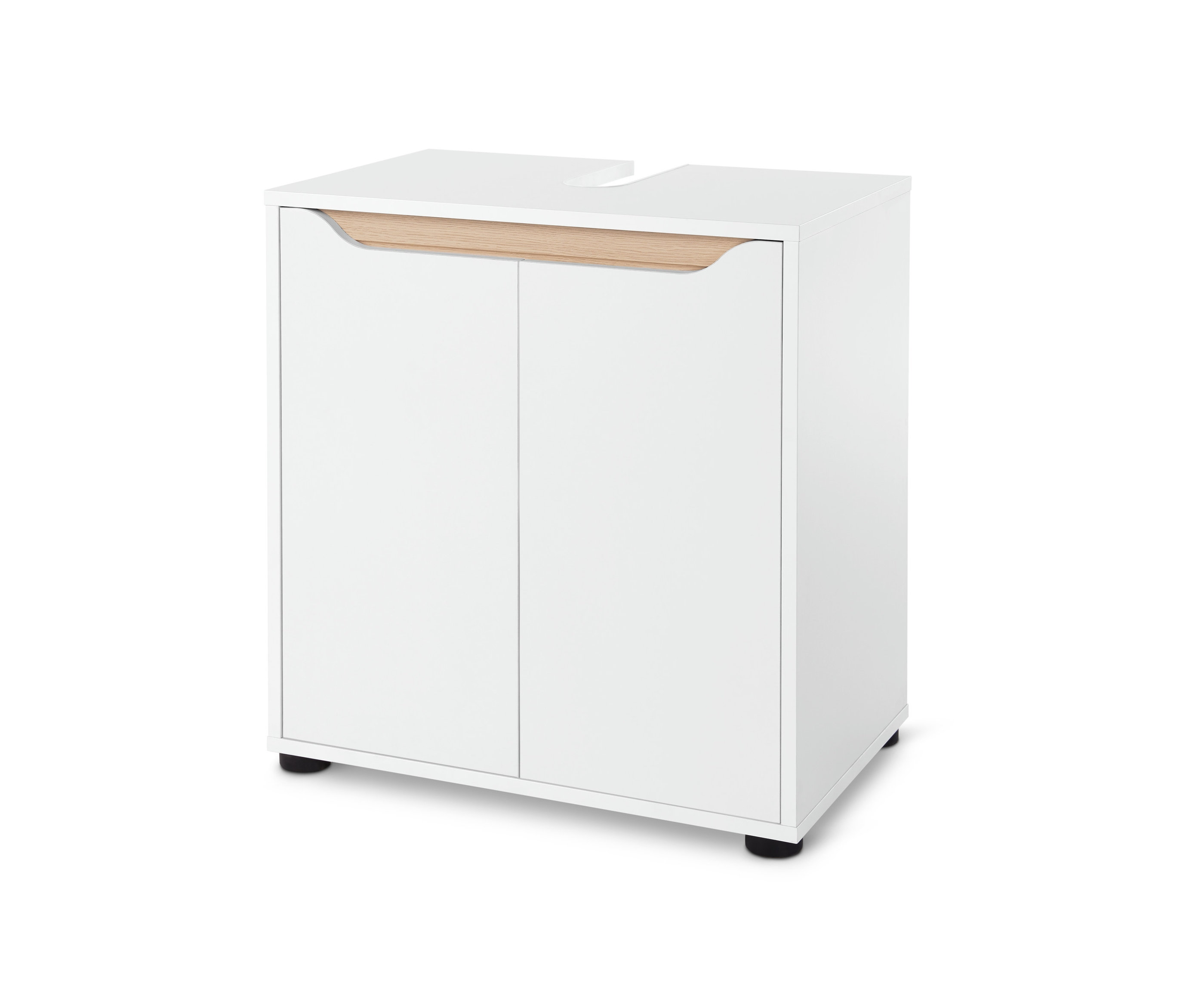 Ein weißer Waschbeckenunterschrank mit Stauraum hat Türen mit einer Holzkante oben.