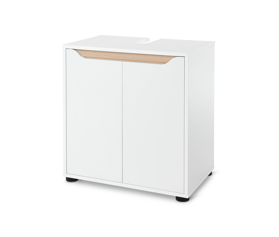 Ein weißer Waschbeckenunterschrank mit Stauraum hat Türen mit einer Holzkante oben.