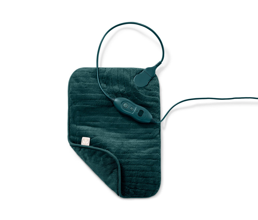 Kleines Heizkissen in Dunkelgrün mit Bedienfeld.