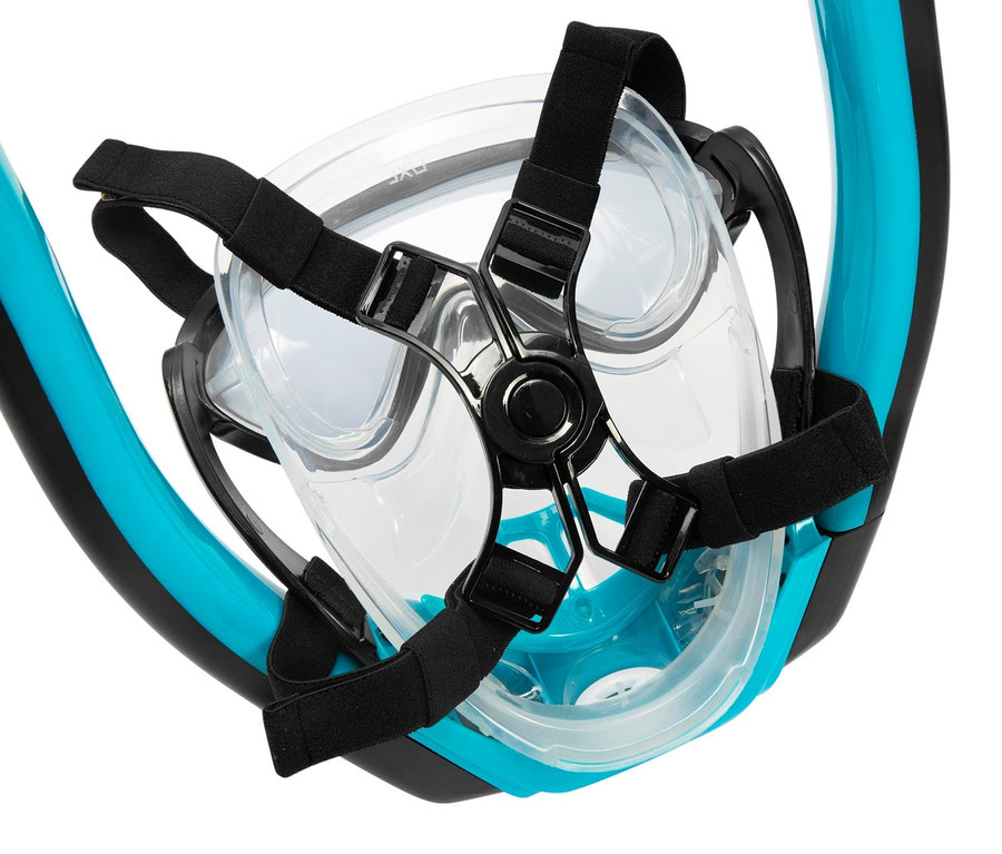 Nahaufnahme der Bestway® Hydro-Pro™ Schnorchelmaske »Flowtech« mit blauem Rahmen und schwarzen Riemen.