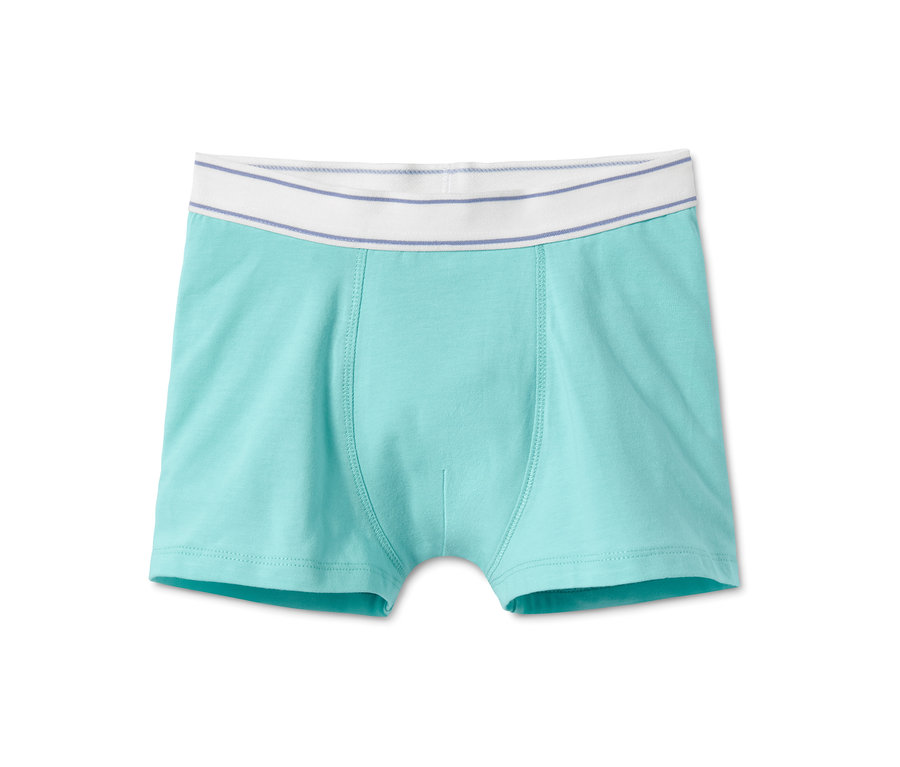 Türkisblaue Jungen-Slipboxer mit weißem Bund mit blauen Streifen.