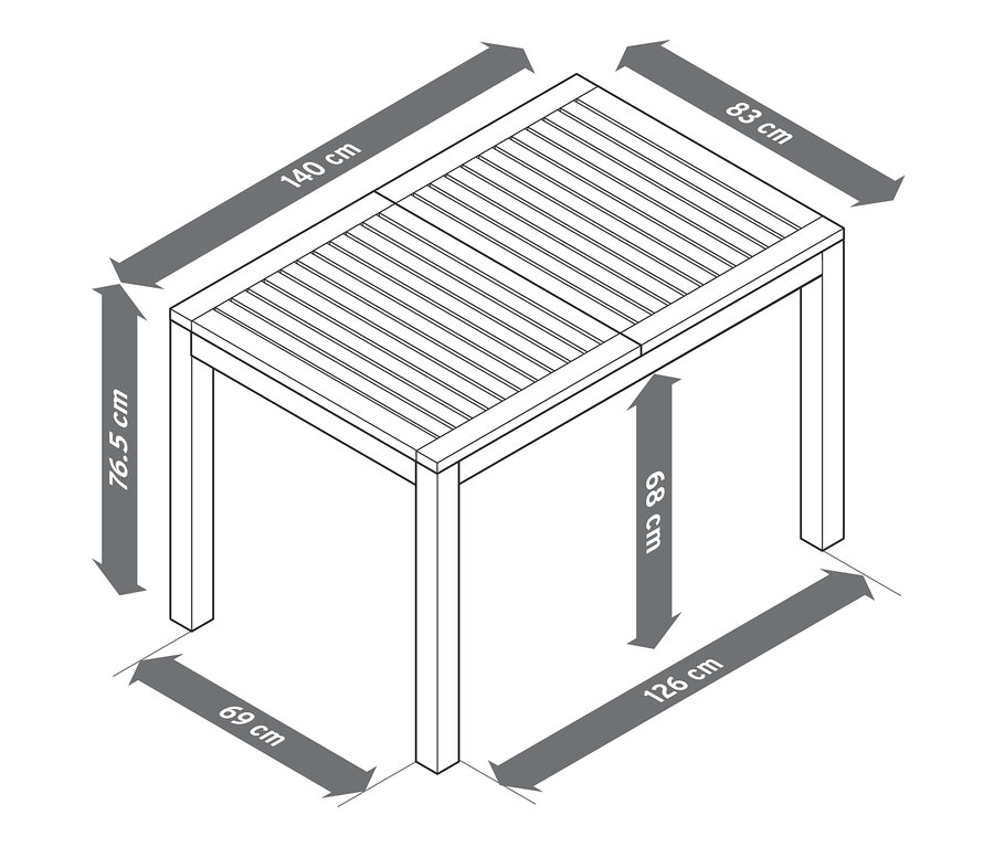 Ausziehtisch »Leira« mit Sonnenschirm-Aussparung und Massangaben.