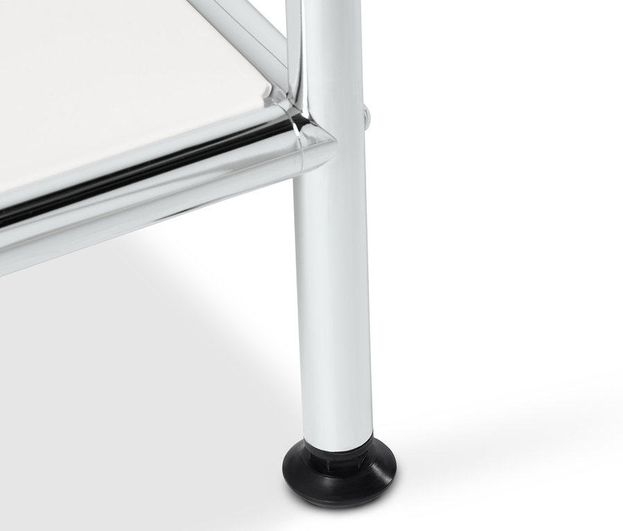 Detailansicht einer weißen Konsole Metall »CN3« mit 2 Schubladen, mit Chrombeinen und schwarzem Fuß.