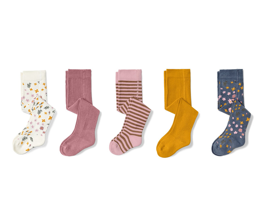 Fünf Paar Strumpfhosen mit Blumenmuster.