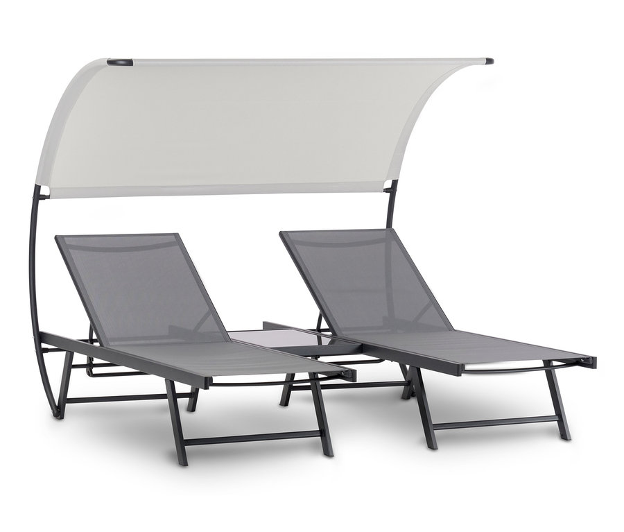 Zwei graue LECO-Sonnenbetten »Lotta« stehen nebeneinander und haben ein Sonnendach.