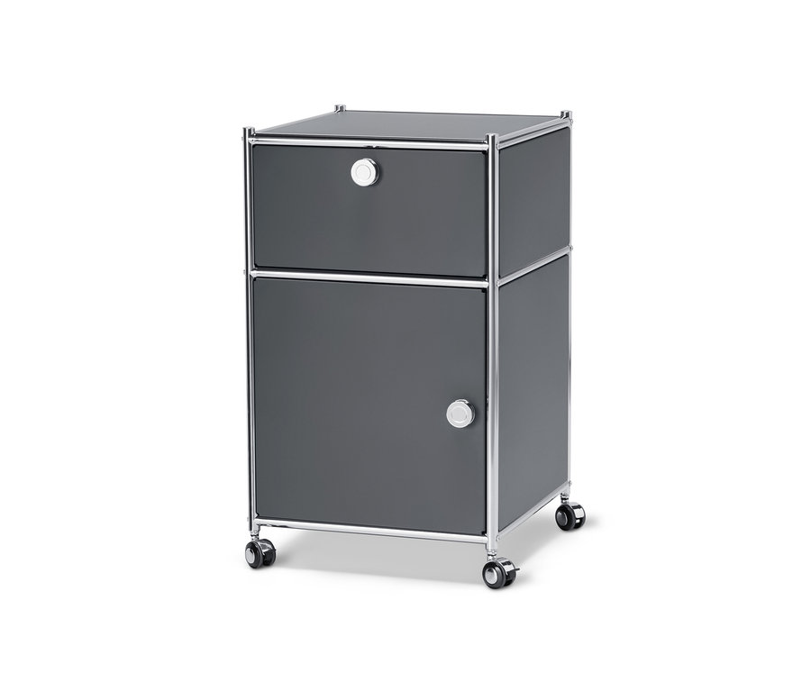 Grauer Rollcontainer »CN3« mit Schublade und Tür.