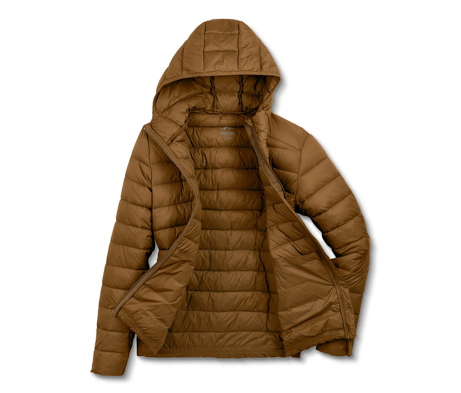 Offene, braune Steppjacke mit Kapuze.