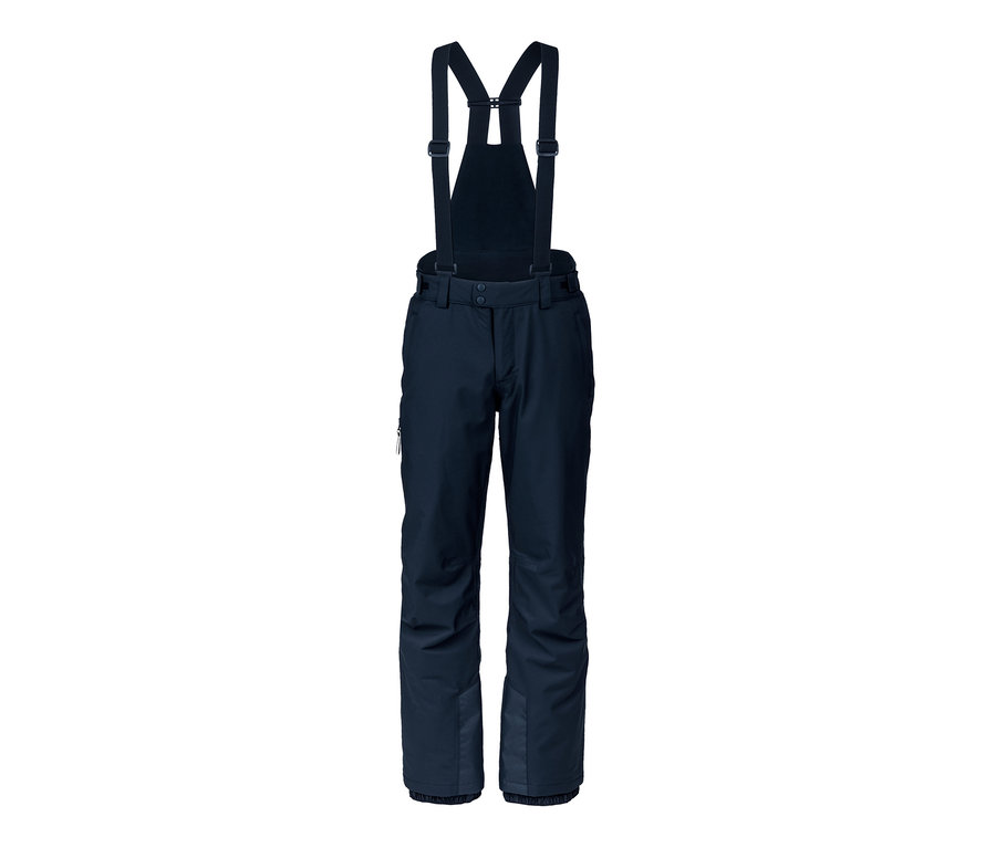 Blaue Skihose mit Hosenträgern.