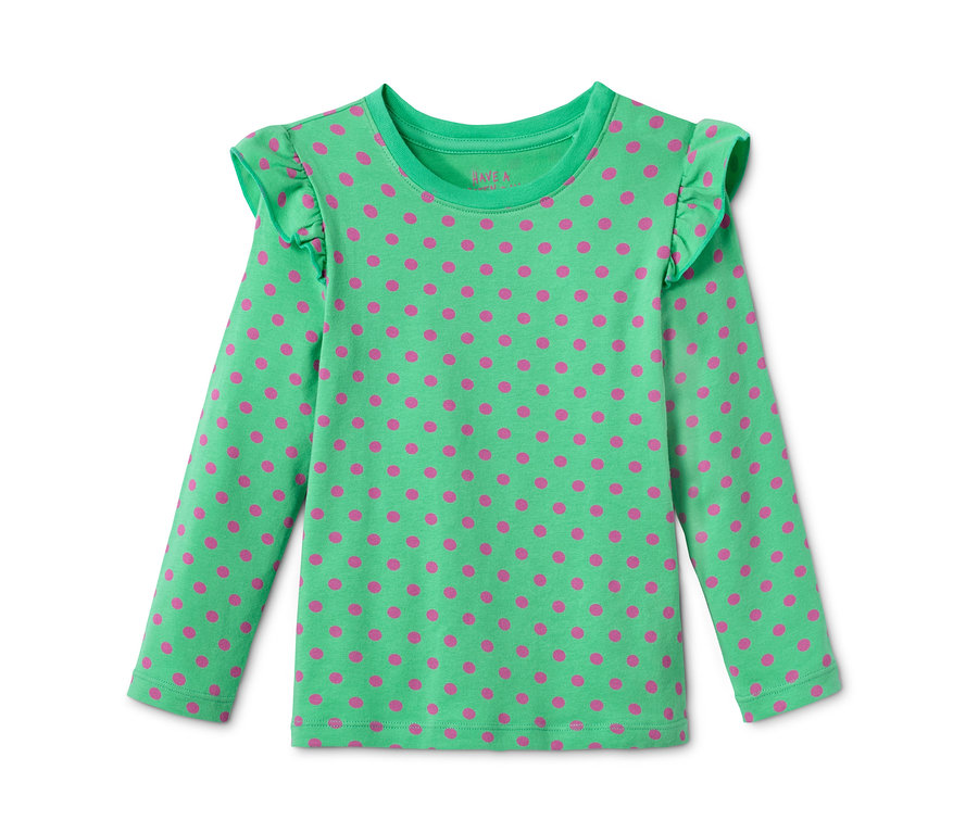 Grünes Langarmshirt mit pinken Punkten, 2er-Pack.