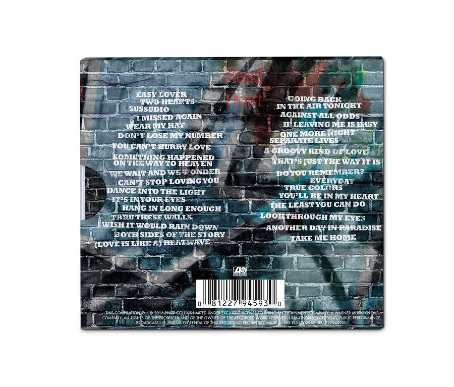Trackliste des Albums CD »Phil Collins – The Singles« vor einer Ziegelwand.
