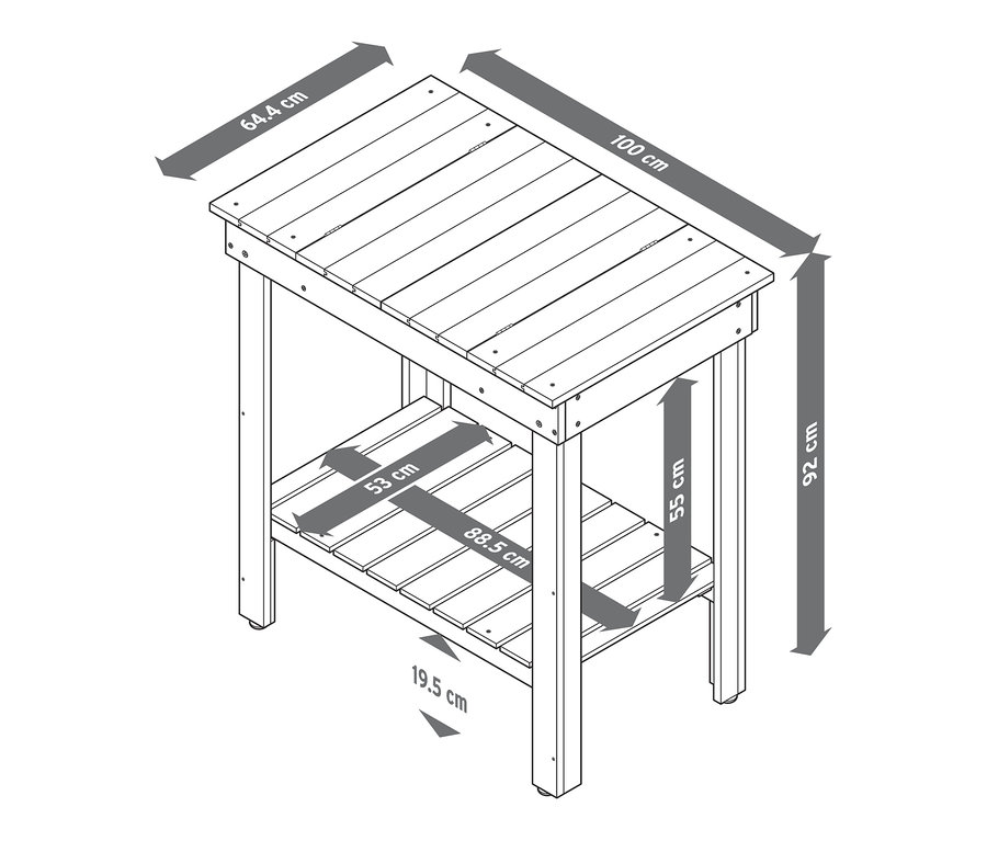 Illustration eines aufklappbaren Pflanztisches/aufklappbaren Pflanztisches »JONTE« mit Maßangaben.