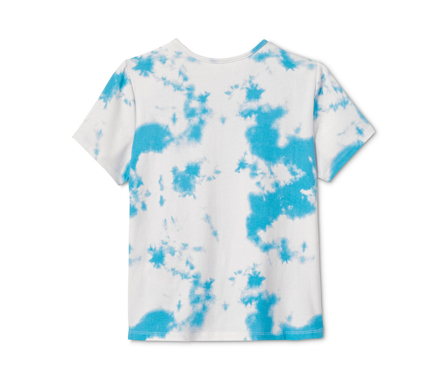 Rückseite eines weißen T-Shirts mit blauem Batikmuster aus dem Produkt 2 Knoten-Shirts