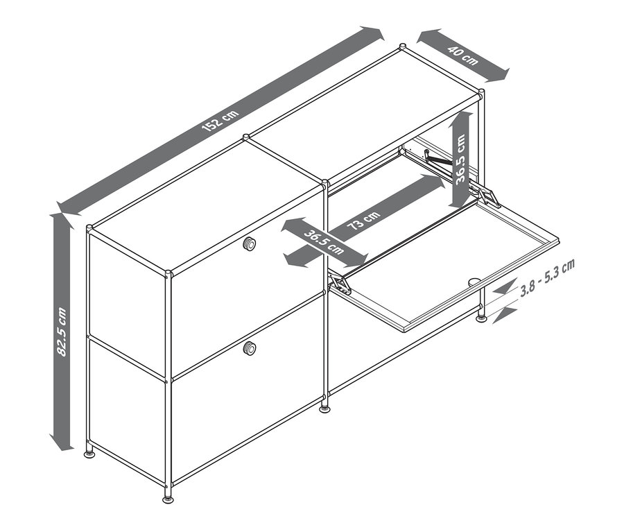 Schema eines Sideboards »CN3« mit vier Klappen und Maßangaben.