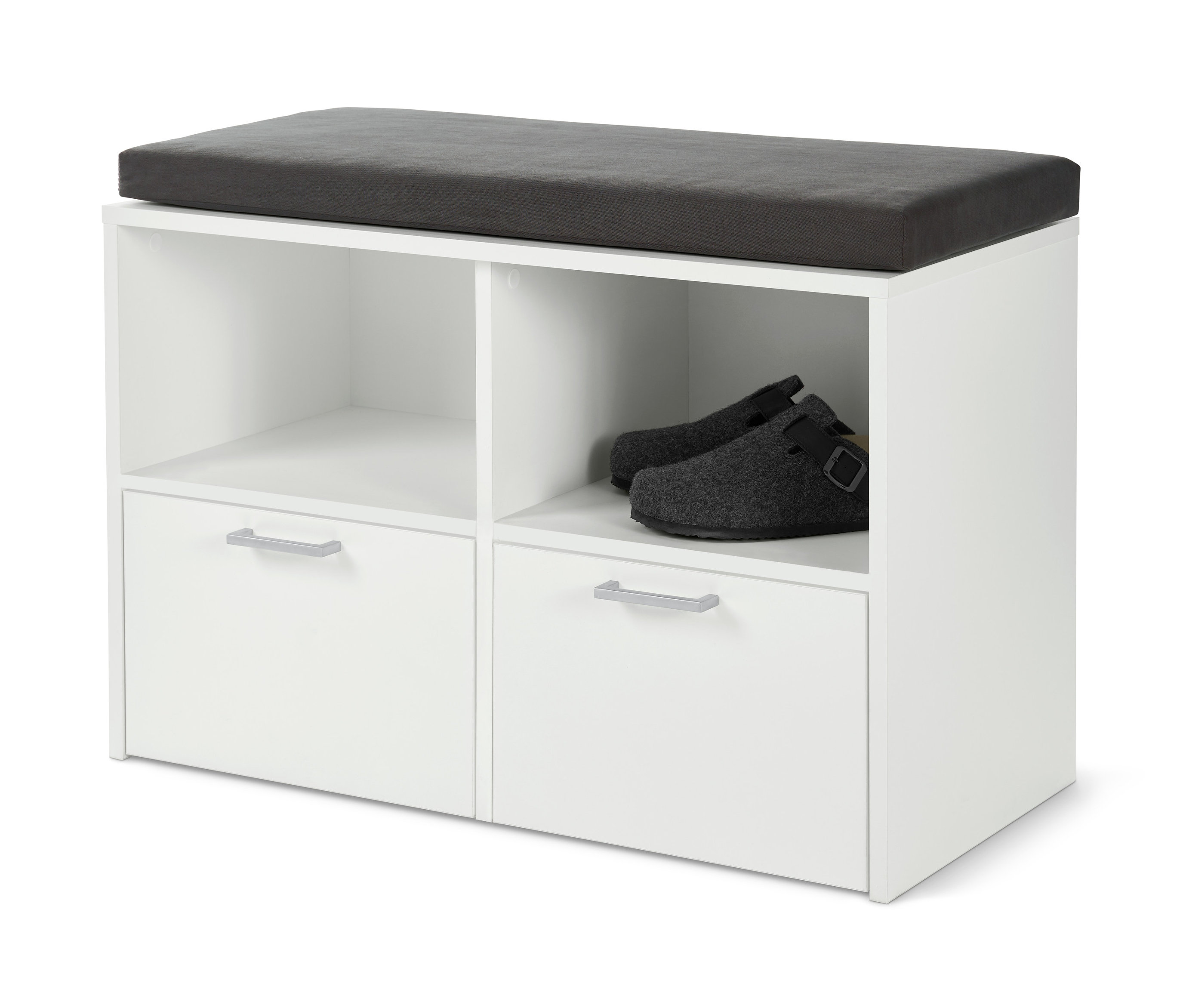 Eine Schuh-Sitzbank mit Fußablage, extrahoch, steht vor einem weißen Hintergrund. In einem Fach befinden sich Schuhe.