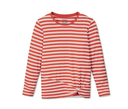 Orange-weiß gestreiftes Langarmshirt mit Knotendetail.