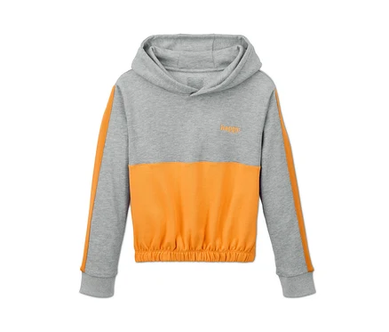Grau-gelb melierter Cropped-Hoodie.