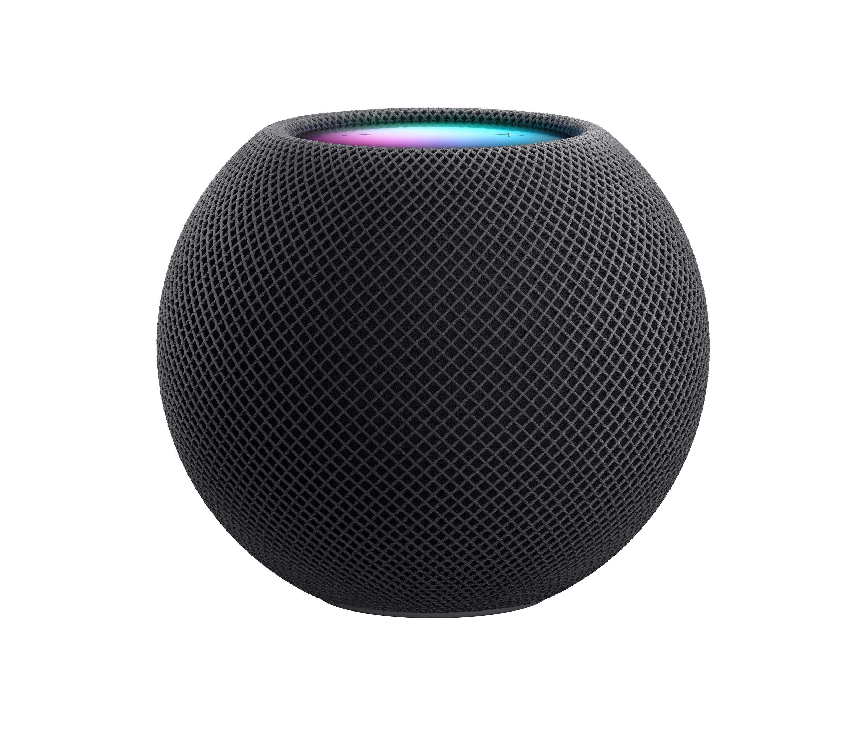 Ein schwarzer Apple HomePod mini vor einem weißen Hintergrund.
